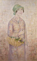Ein Mädchen mit einem Korb voller Blumen